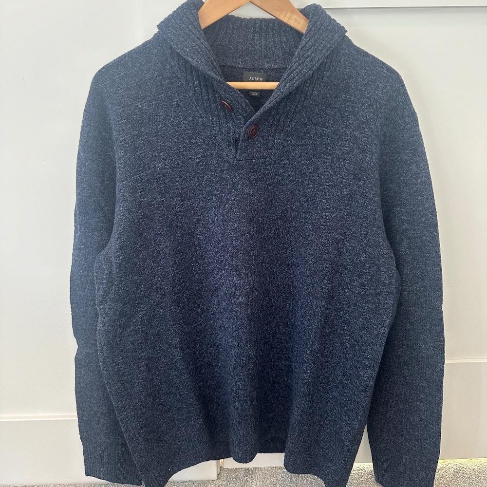 J. Crew Men's Sweater Size L Marled 100% Lambswool shawl-collared 2 Button